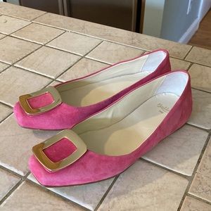 Butter Pink Suede Flats with Gold Buckle